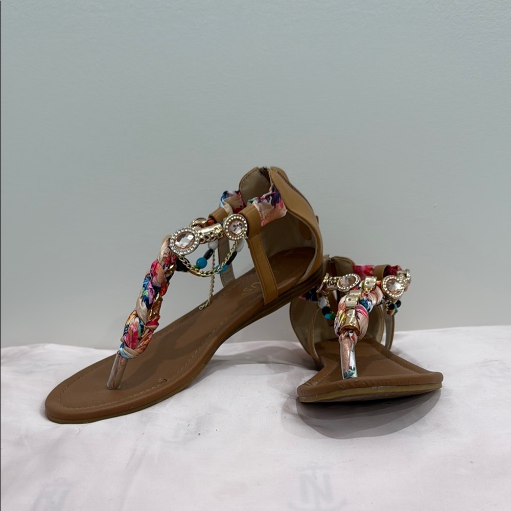 VENUS Tan Sandals with Ankle Strap and Decorative Accents